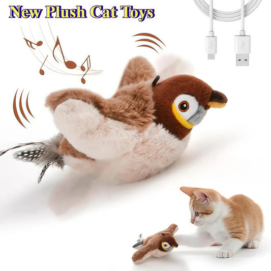 Interactive Cat Toys Electric Flaping Bird with Cat Teaser Pole Cats Touch-Activated Squeaky Catnip USB Rechargeable Plush Toy