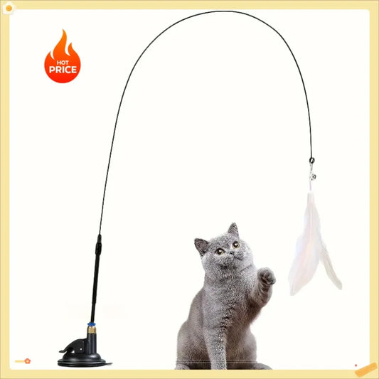 Cat Teaser Toy - Interactive Bell & Feather Wand - Long Suction Cup Pole for Exciting Playtime Adventures - Ultimate Cat Toy