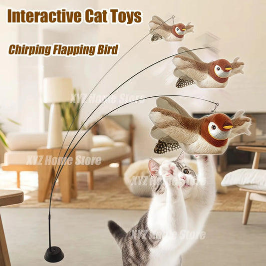 Interactive Cat Toys Electric Flaping Bird with Cat Teaser Pole Cats Touch-Activated Squeaky Catnip USB Rechargeable Plush Toy