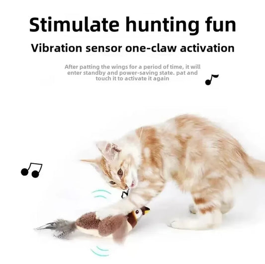 Interactive Cat Toys Electric Flaping Bird with Cat Teaser Pole Cats Touch-Activated Squeaky Catnip USB Rechargeable Plush Toy